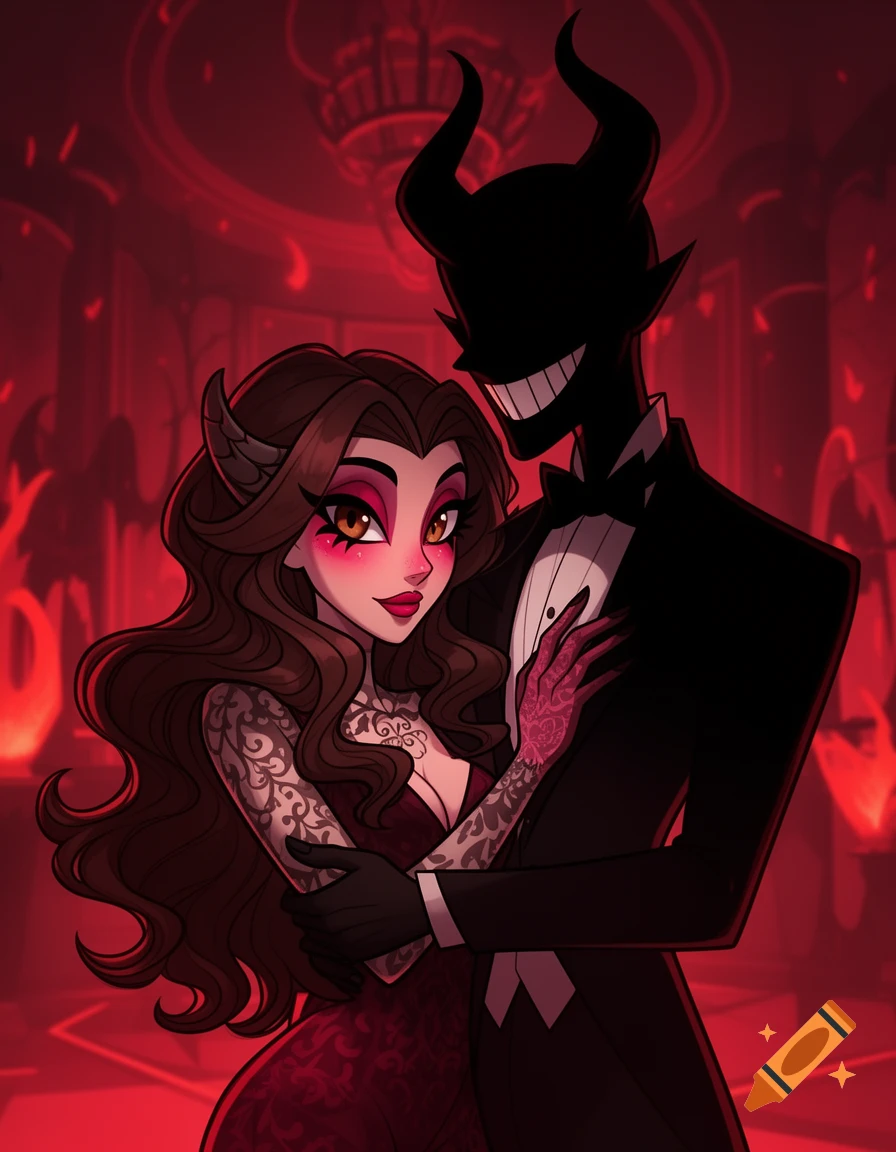 A cartoon demon woman with horns and tattoos in a red dress embraces a shadowy demon man in a tuxedo, in a red, ornate hellish room.