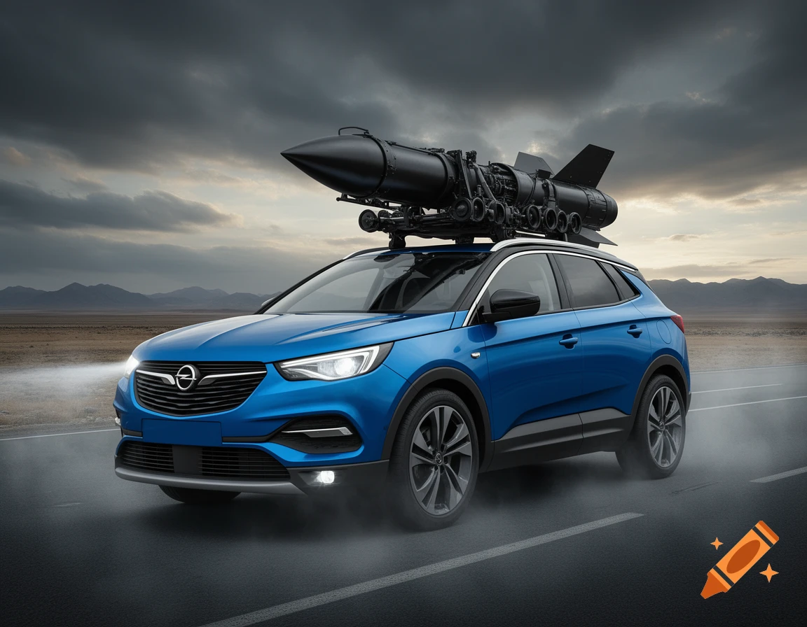 A blue Opel Grandland X SUV with a large black rocket launcher mounted on its roof, driving on a road under a cloudy sky.