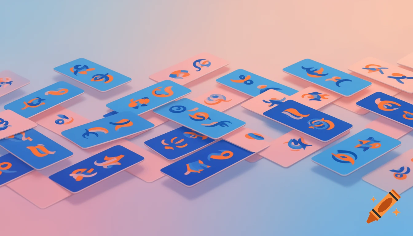 Numerous blue and pink cards with abstract orange and blue stylized shapes scattered on a soft pastel gradient background.