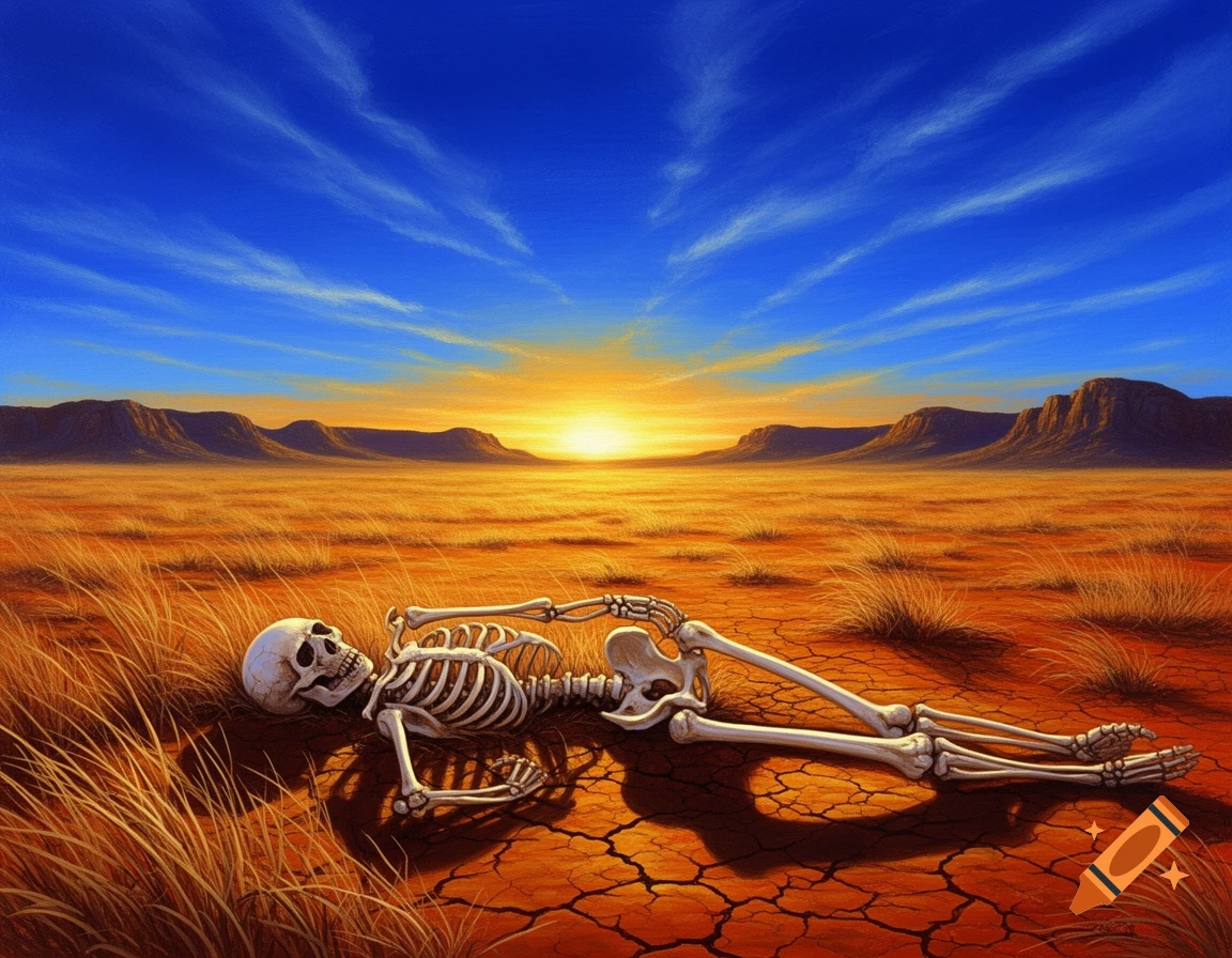 A skeleton lies on cracked dry earth and sparse grass in a vast desert under a vibrant blue sky with a distant sunset over mountains.
