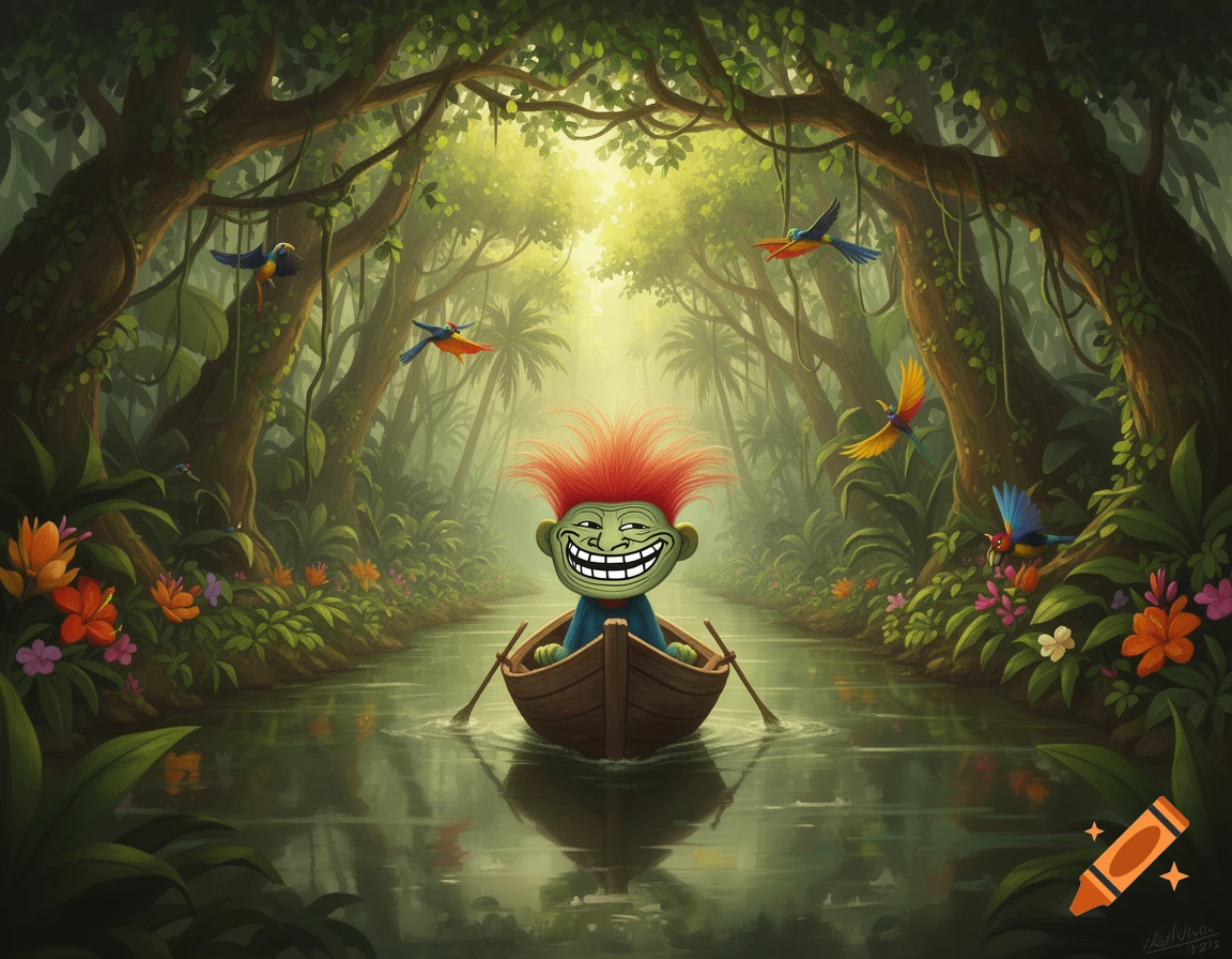 A grinning Trollface with red hair in a boat on a serene jungle river, surrounded by vibrant plants and birds, illustration.
