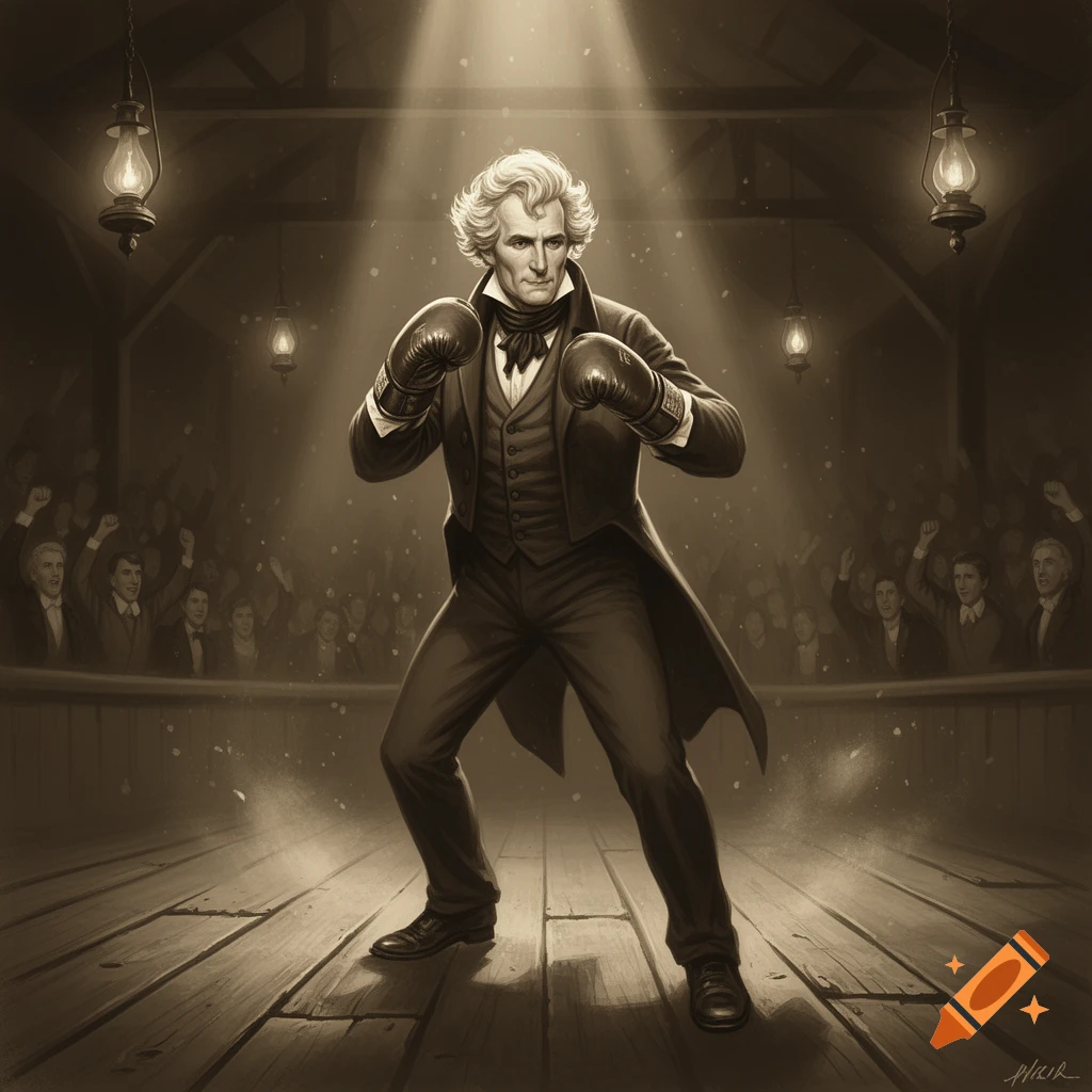 Sepia-toned illustration of Andrew Jackson in boxing gloves, striking a ...