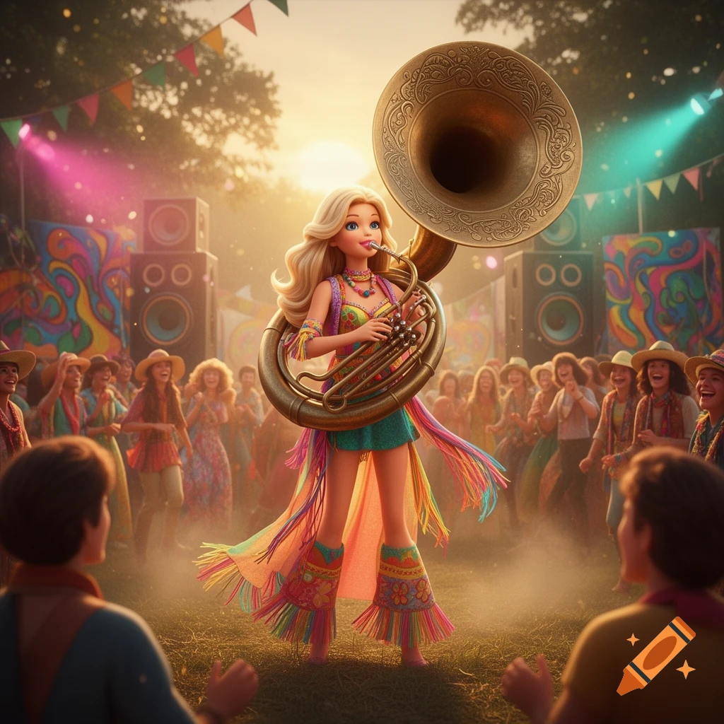 A 3D Barbie character plays a bronze sousaphone at a vibrant outdoor music festival with a cheering crowd.