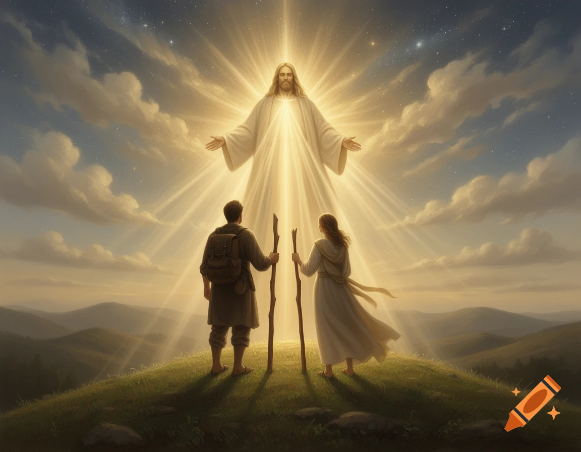 Man and woman with walking staffs on a grassy hill, looking up at a radiant figure of Jesus bathed in divine light in the sky, with sun rays emanating.