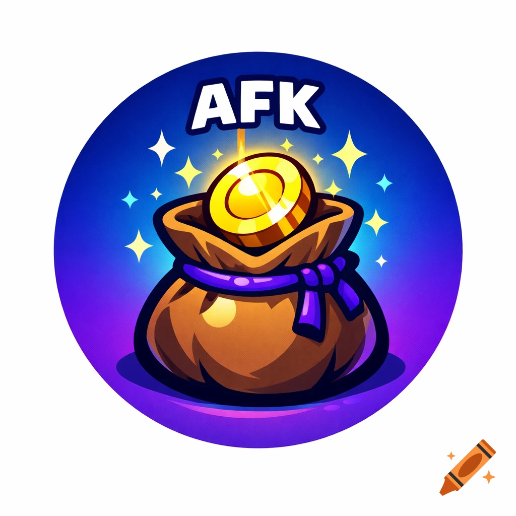 Cartoon icon of a brown loot bag with a glowing gold coin emerging, sparkling, and 'AFK' text above it, on a blue-purple background.