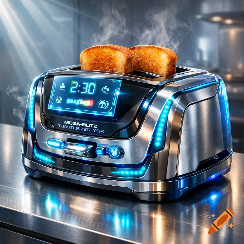 A futuristic, stainless steel toaster with blue LED lights and a digital display, toasting two pieces of bread and emitting steam on a metallic counter.