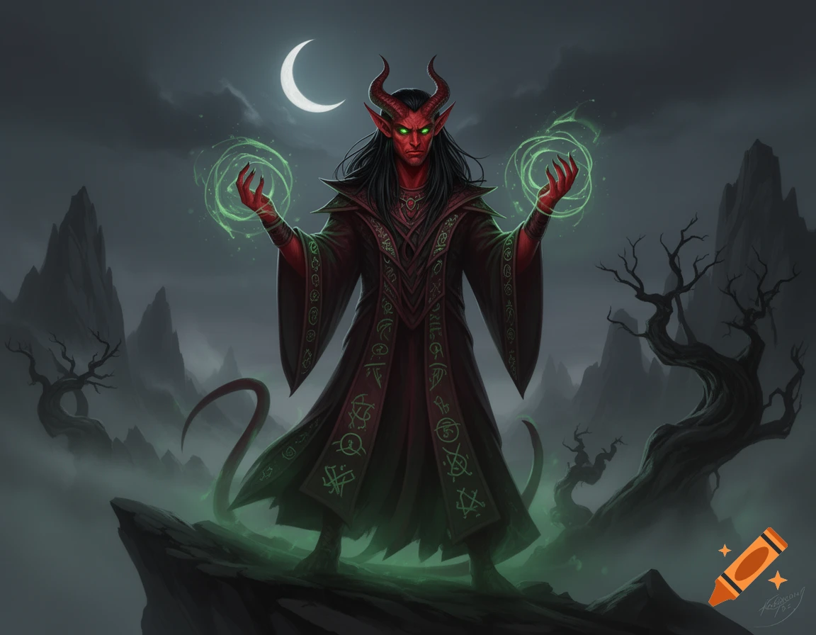 A red-skinned, horned male Tiefling sorcerer with glowing green eyes and dark hair, casting green magic, stands on a misty peak under a crescent moon.