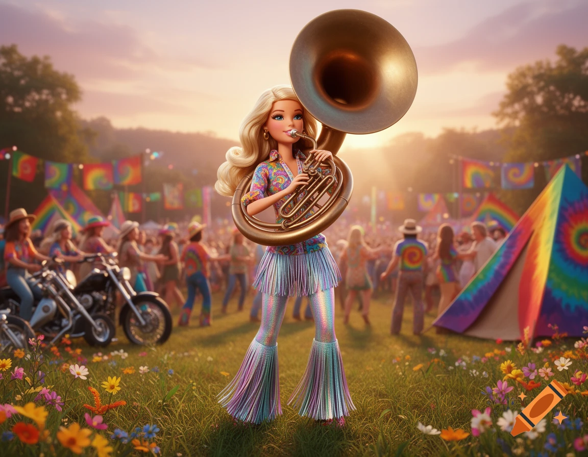 A 3D render of Barbie in a hippie outfit playing a bronze sousaphone at a sunset music festival with tie-dye flags and tents.