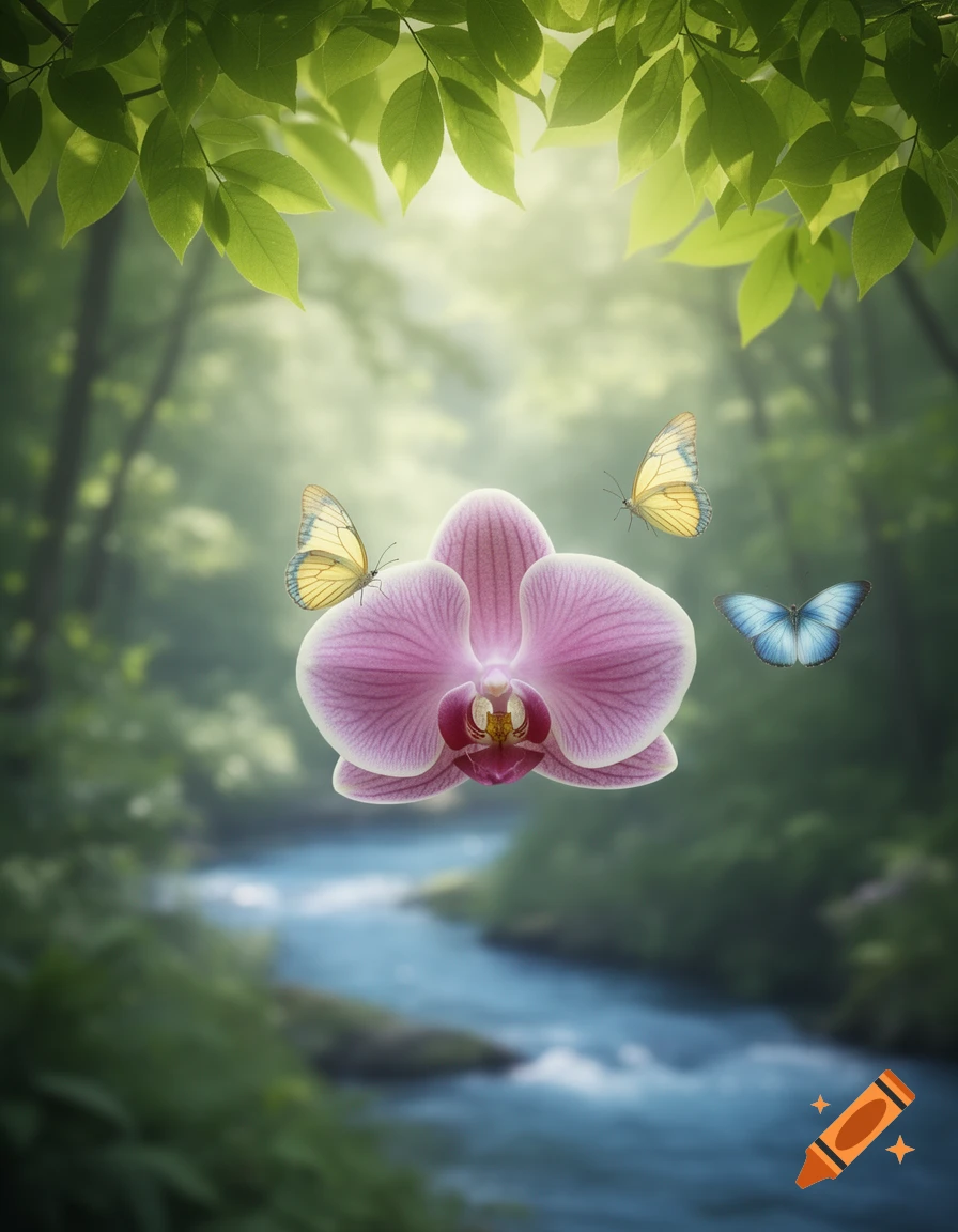 A vibrant pink orchid with yellow and blue butterflies floats above a forest stream, dappled sunlight on green leaves.