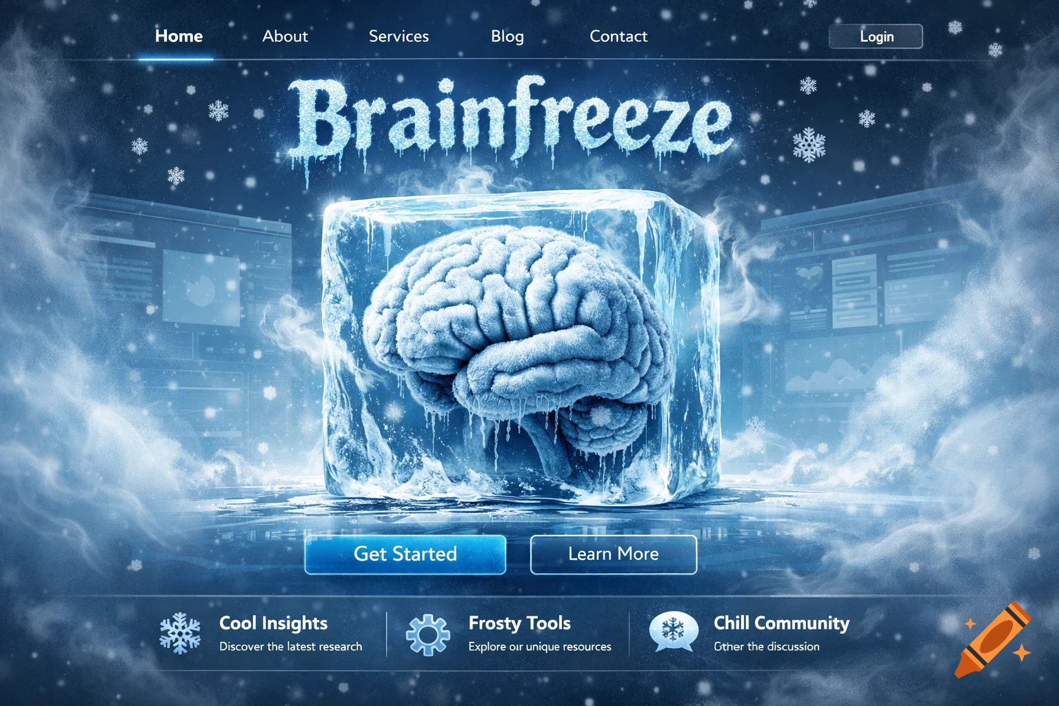 A website interface with a frozen brain in an ice cube, text 'Brainfreeze', and navigation links against a blue, snowy background.