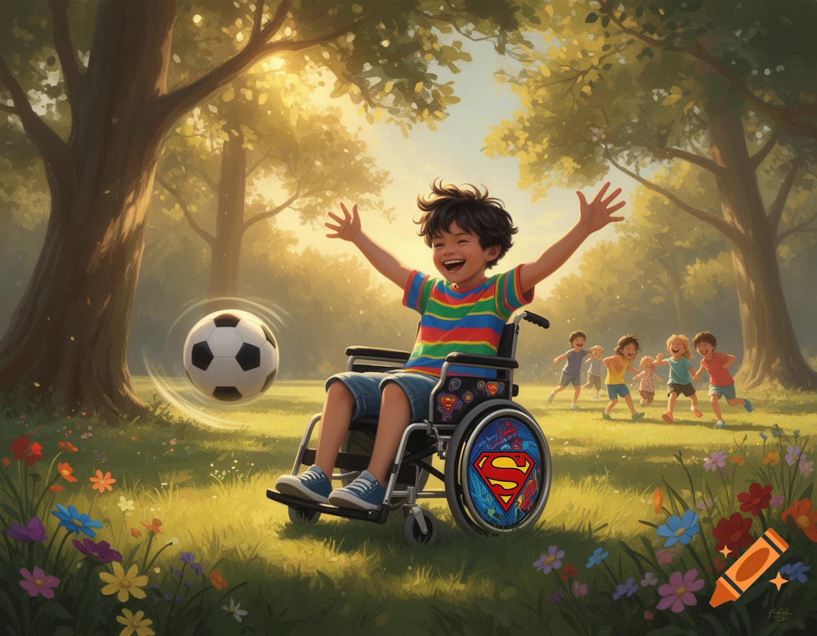 A happy boy in a wheelchair reaches for a soccer ball in a sunny park with other children playing in the background. The wheelchair has a Superman logo.