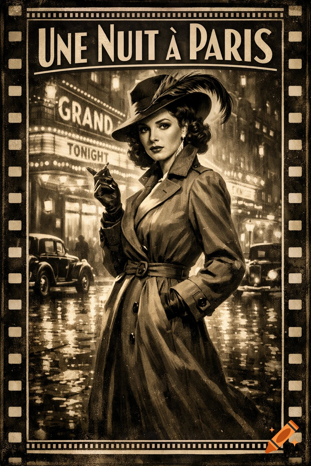 Vintage movie poster of a woman in a trench coat and feathered hat, holding a cigarette on a rainy city street.