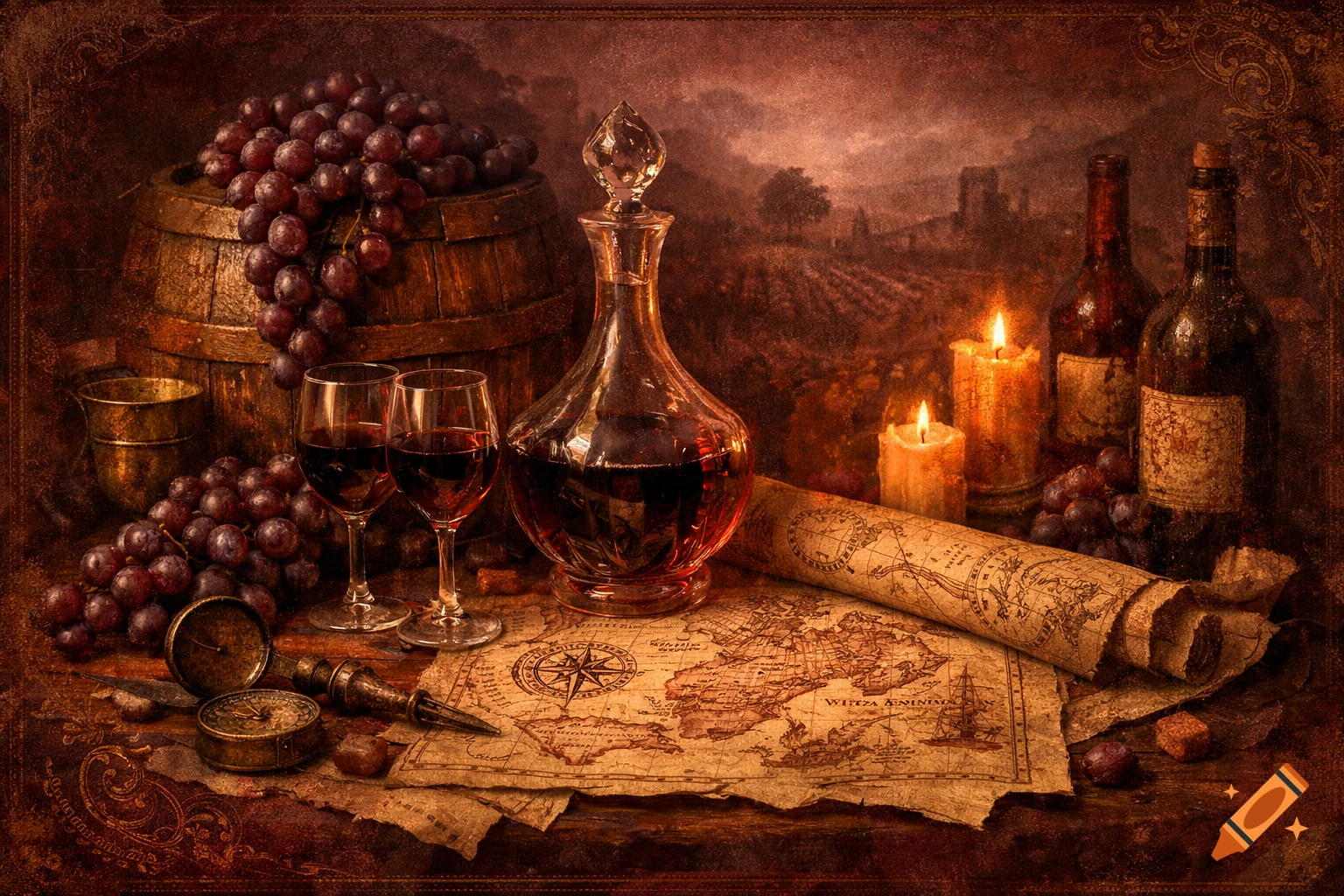 A dark, vintage-style still life with a wine decanter, two glasses, grapes, a wooden barrel, candles, old maps, a compass, and wine bottles on a textured surface.