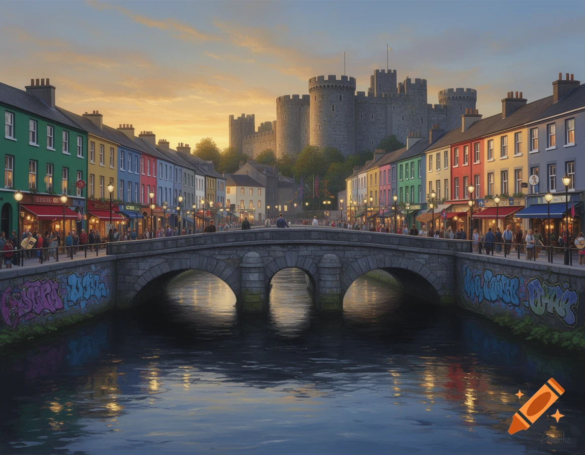 A picturesque city view with a stone bridge over a river, colorful buildings lining the banks, and a grand castle in the background at sunset.