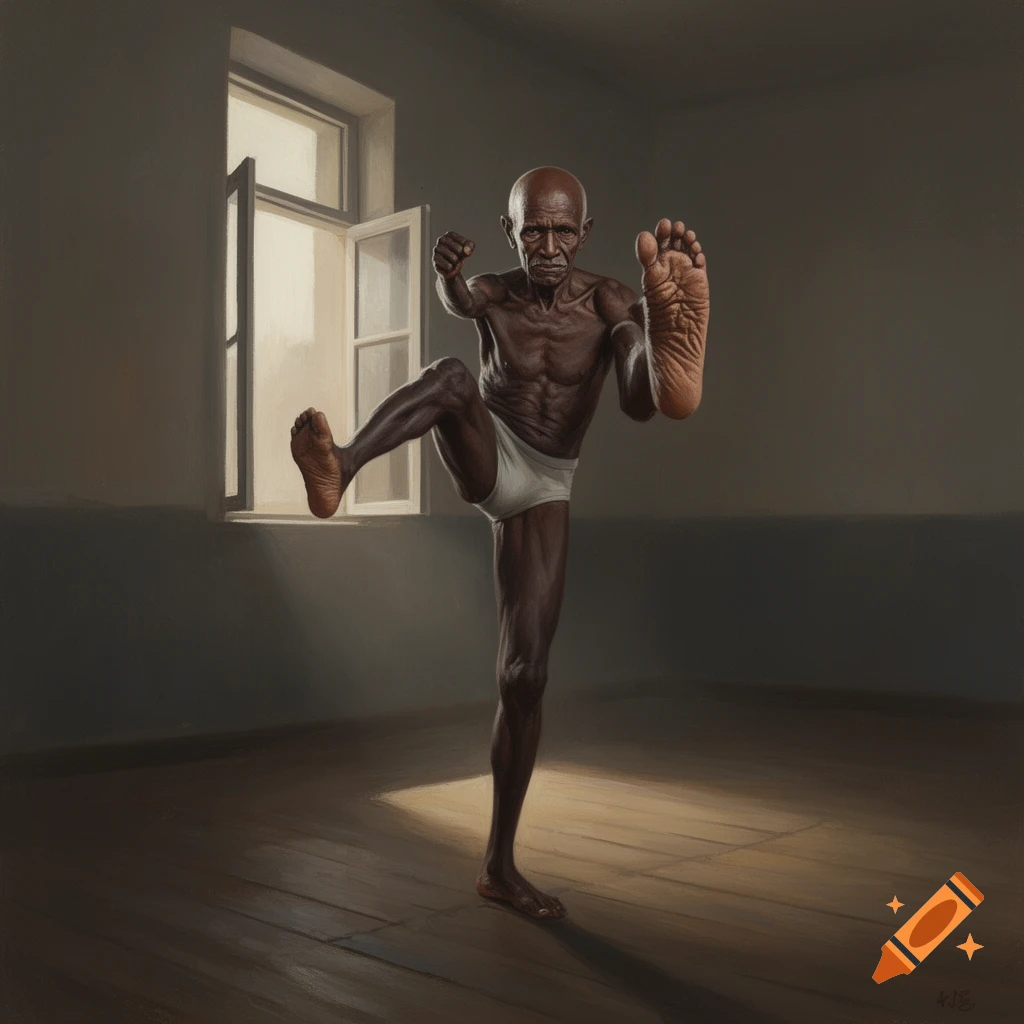 A bald, dark-skinned, elderly man in white underwear performs a high front kick in a dimly lit room, showing his wrinkled sole.