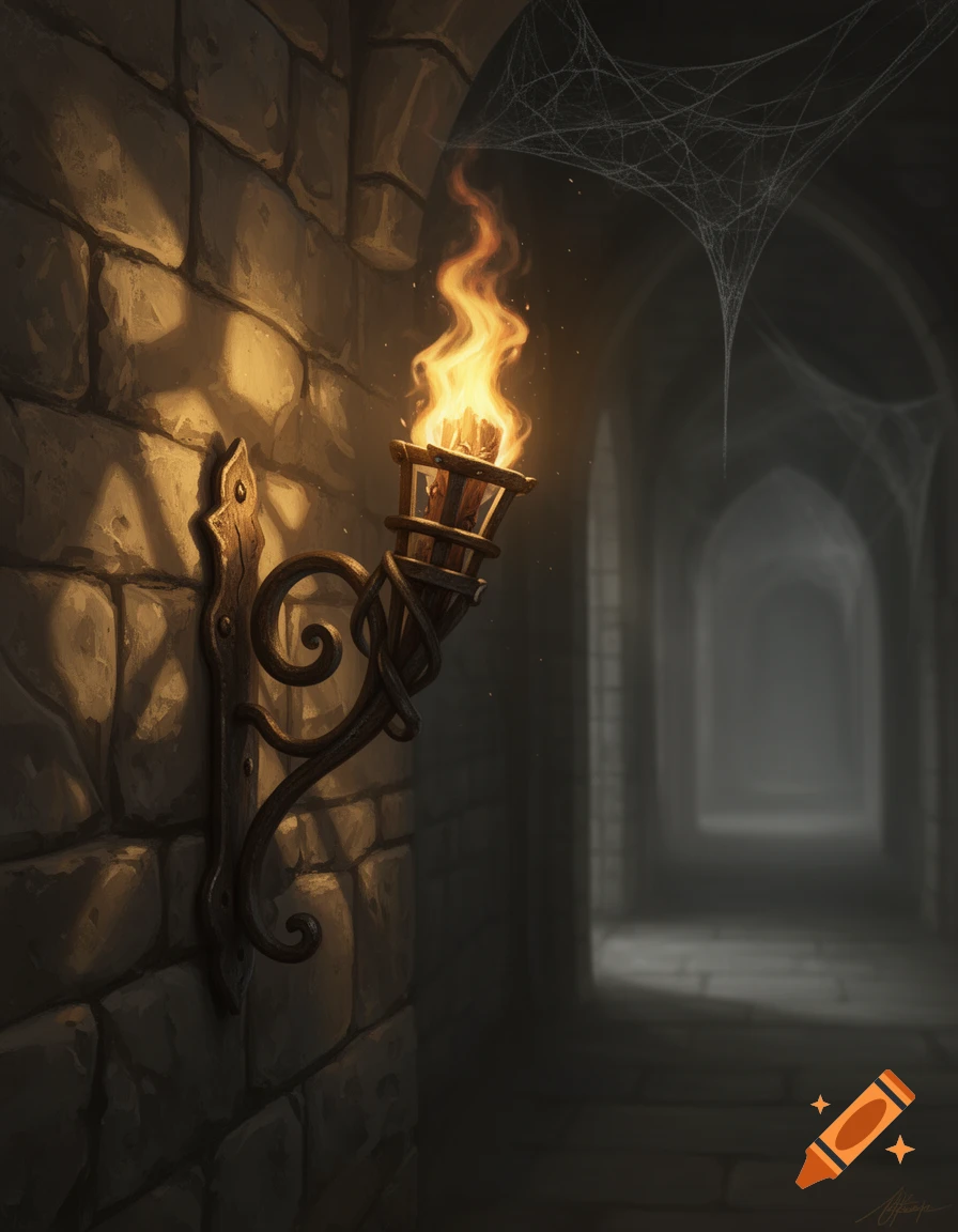 A lit torch mounted on a stone wall illuminates a dark, cobweb-filled dungeon corridor with arches.