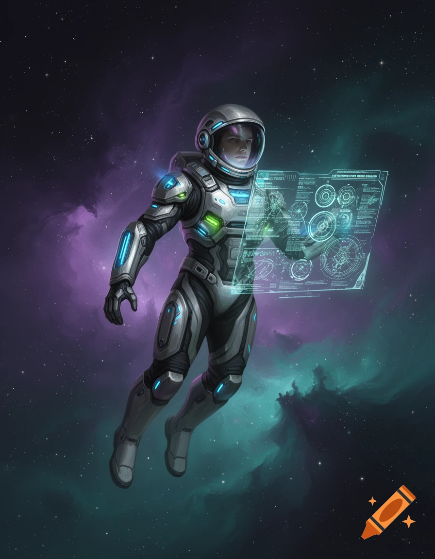 A futuristic astronaut in a metallic suit with glowing accents floats in space, interacting with a holographic display showing schematics, against a backdrop of purple and green nebulae.