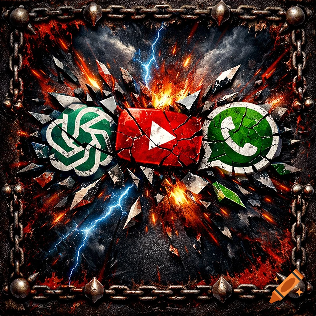 Hard rock album cover featuring shattered ChatGPT, YouTube, and WhatsApp logos surrounded by fire, lightning, and chains.