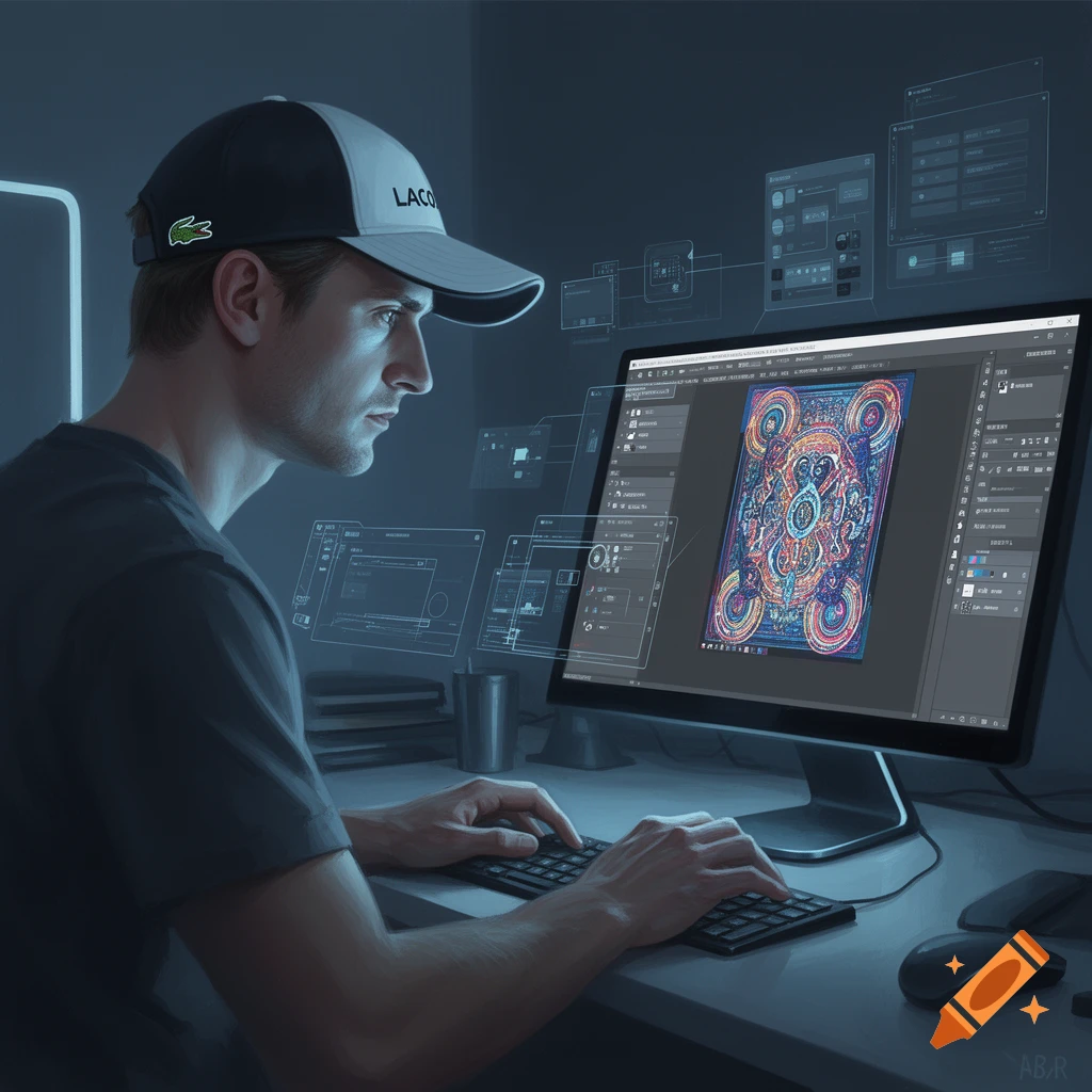 A man wearing a black and white cap with a crocodile logo intently works on a computer, displaying a colorful psychedelic design and UI elements.