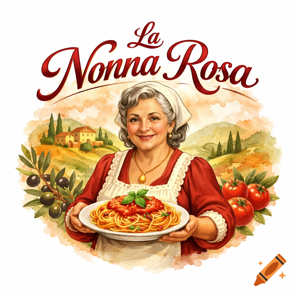 Watercolor logo of an Italian nonna holding a plate of spaghetti with sauce, against a Tuscan landscape, with 'La Nonna Rosa' text.