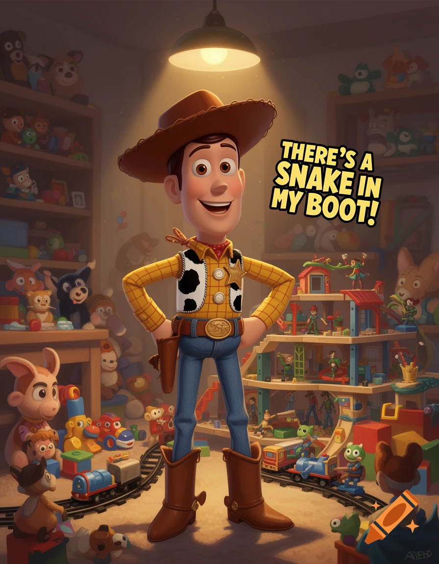 Woody from Toy Story smiles in a toy-filled room, a speech bubble reads 'THERE'S A SNAKE IN MY BOOT!'