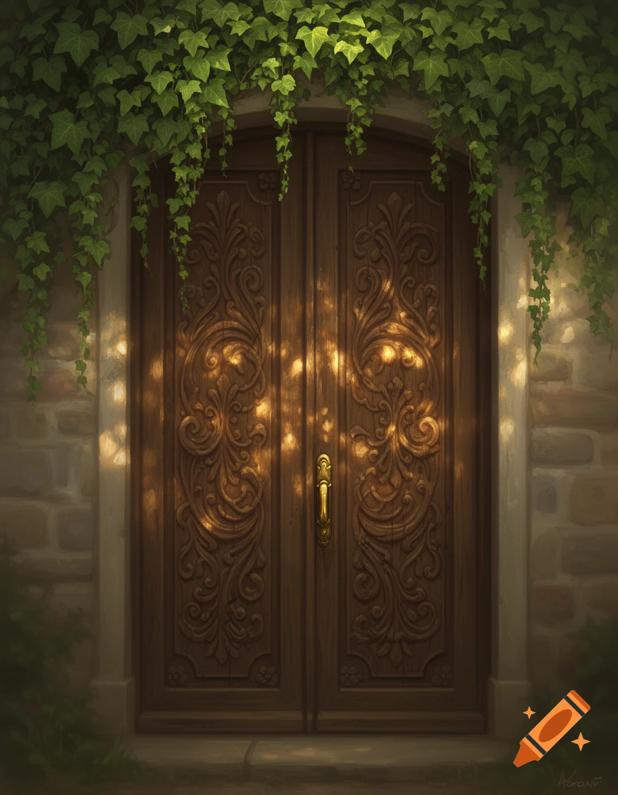 A richly carved wooden double door with a gold handle is framed by an archway covered in vibrant green ivy, dappled in sunlight.