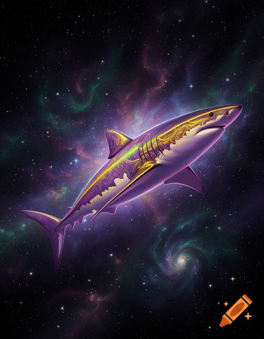 A vibrant, stylized shark with purple, gold, and green patterns floats in a colorful galaxy filled with stars and nebulae.