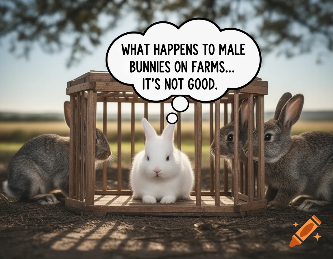 A white baby bunny in a wooden cage in a field, with two brown bunnies on either side. A thought bubble above the cage reads, "WHAT HAPPENS TO MALE BUNNIES ON FARMS... IT'S NOT GOOD."