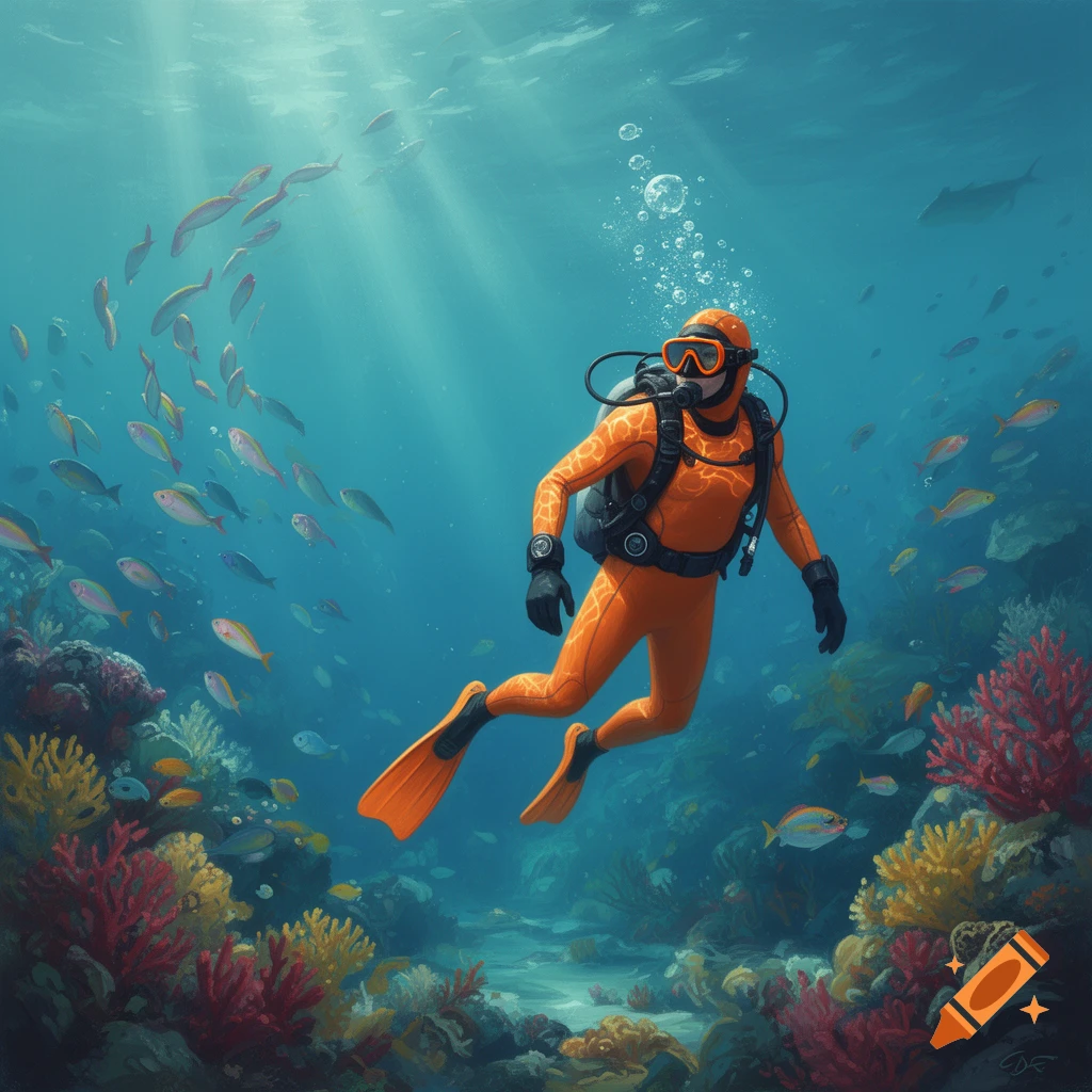 An orange-suited scuba diver explores a vibrant coral reef, swimming amidst schools of colorful fish in sunlit blue water.