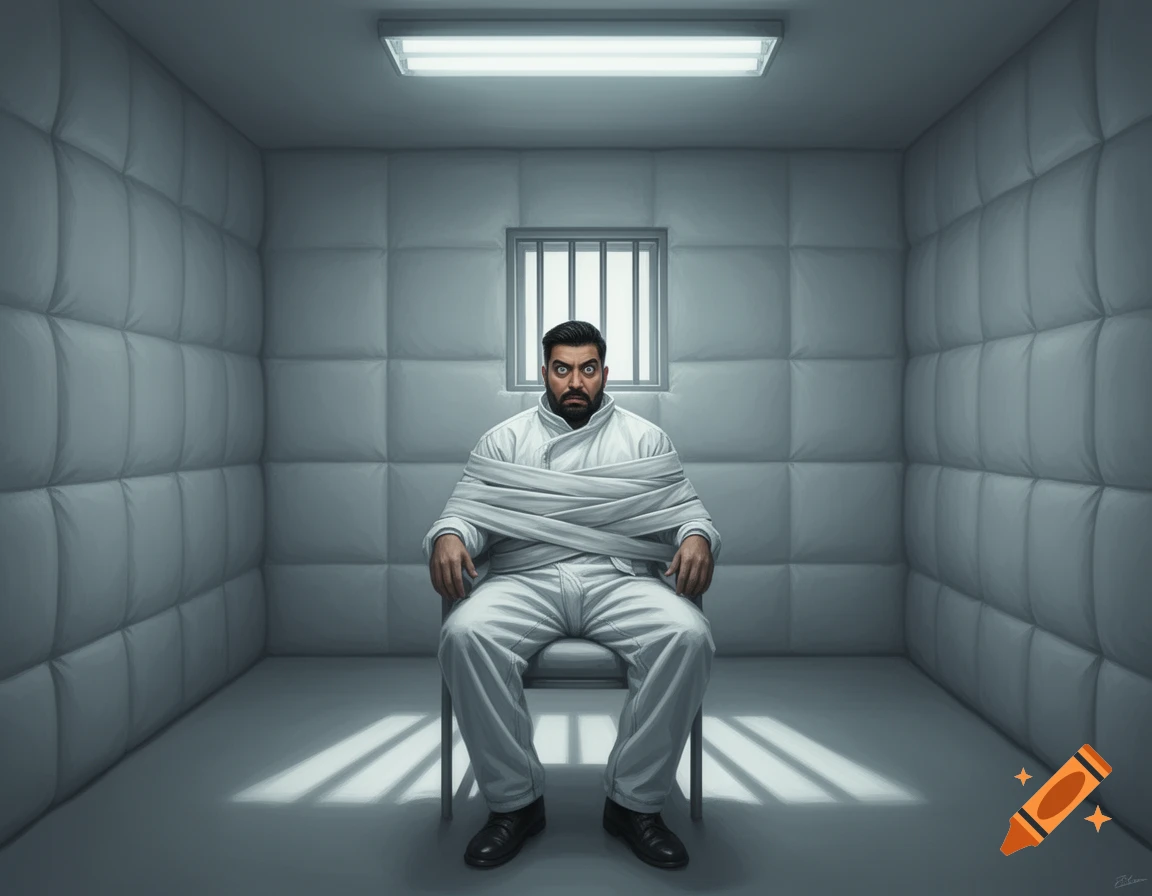 Wide-eyed man in a straitjacket sits confined in a gray padded cell with a barred window, depicted in a dramatic illustration.