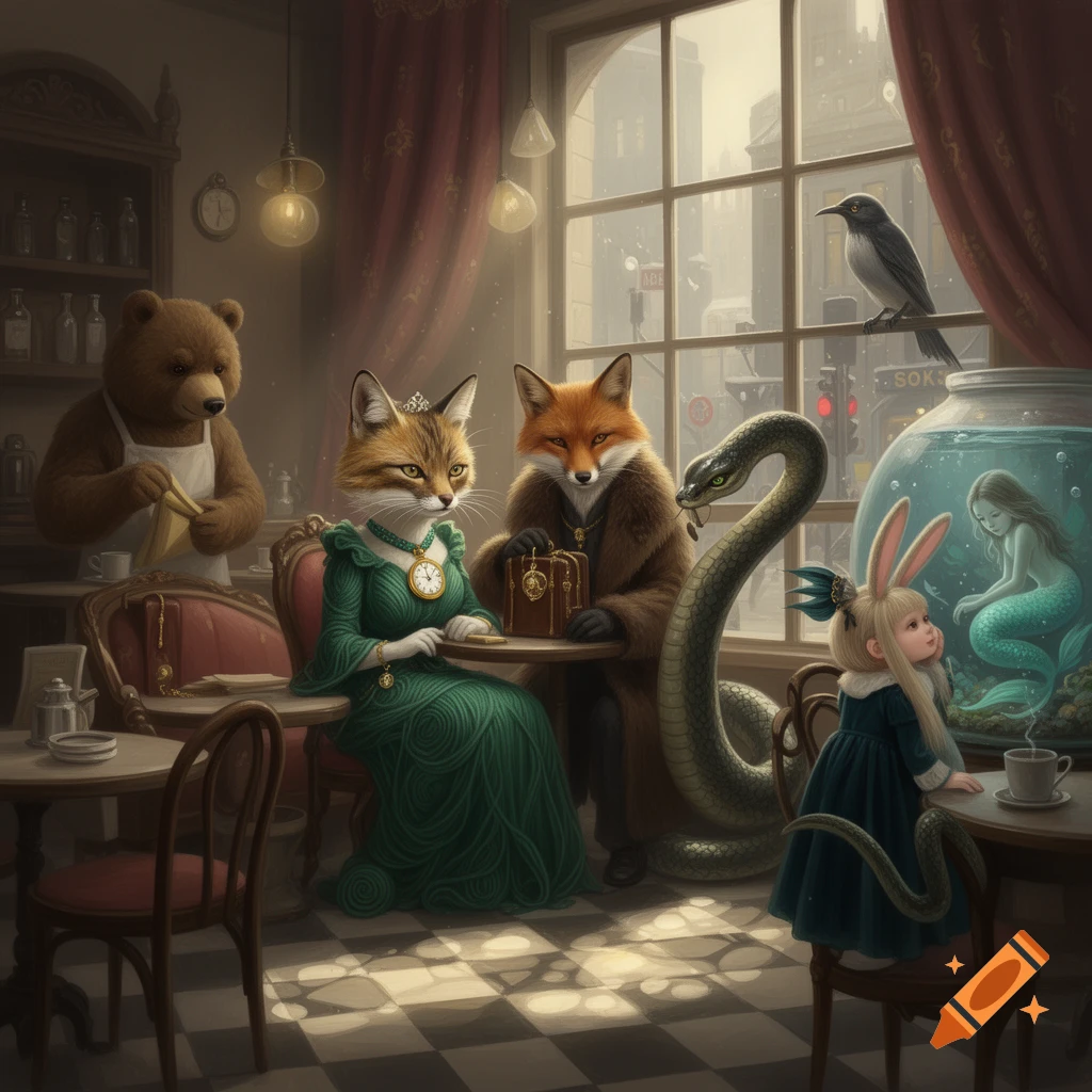 An anthropomorphic cat and fox sit at a cafe table, a snake coiled nearby. A bear cleans in the background, and a rabbit girl watches a mermaid in an aquarium by a window. Stylized art.