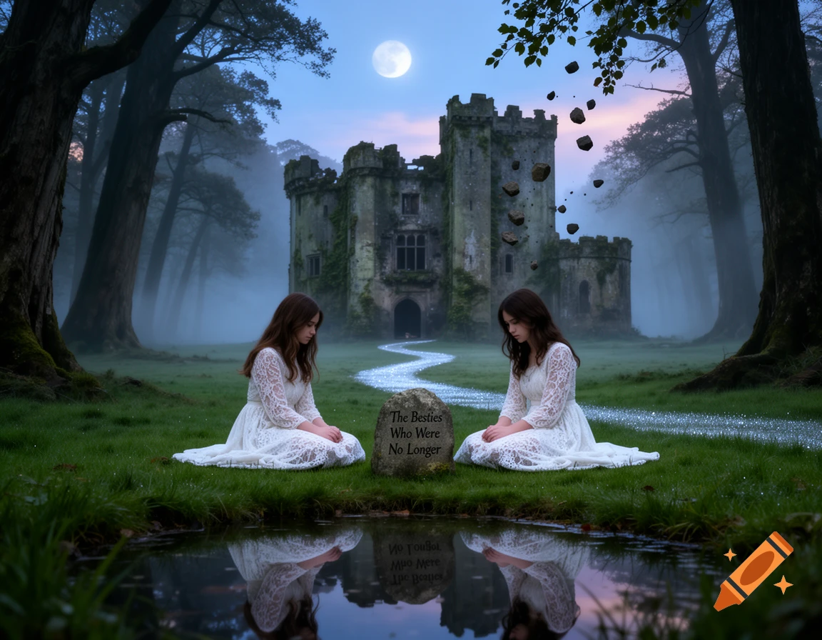 Two girls in white dresses sit mournfully on grass in front of a stone in a foggy forest under a full moon, with an abandoned castle and sparkling path behind them.
