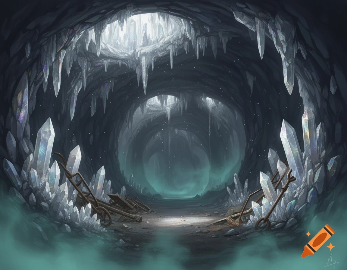A dark, mysterious crystal cave with glowing mist, sharp stalactites, large clear crystals, and abandoned mining equipment.