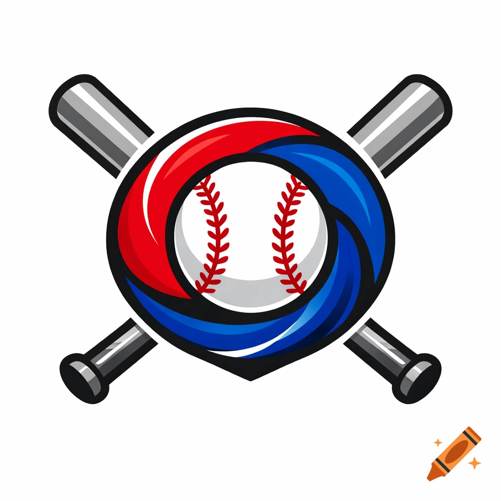 A Korean baseball team logo with a baseball centered in a red and blue Taegeuk swirl, crossed bats behind.