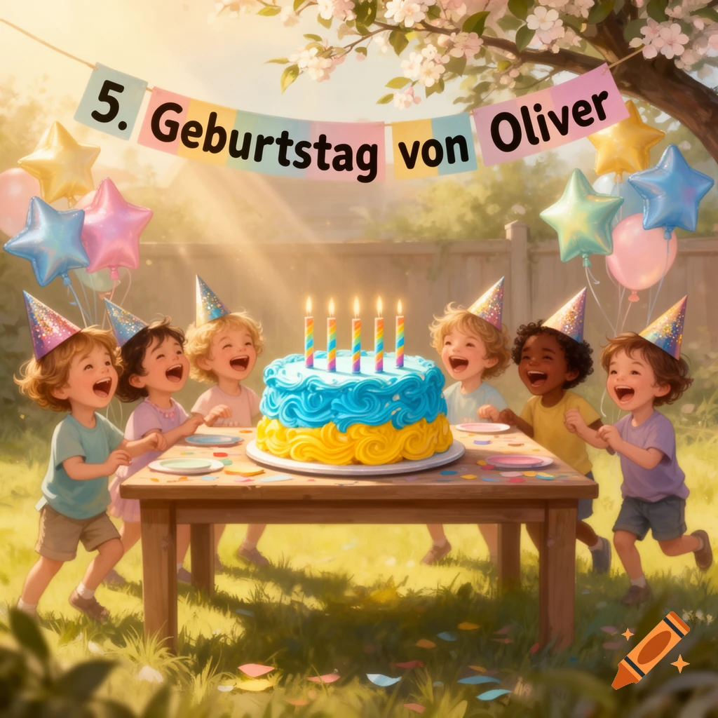 Illustrated scene of six happy children wearing party hats around a birthday cake with candles and balloons in an outdoor garden setting.