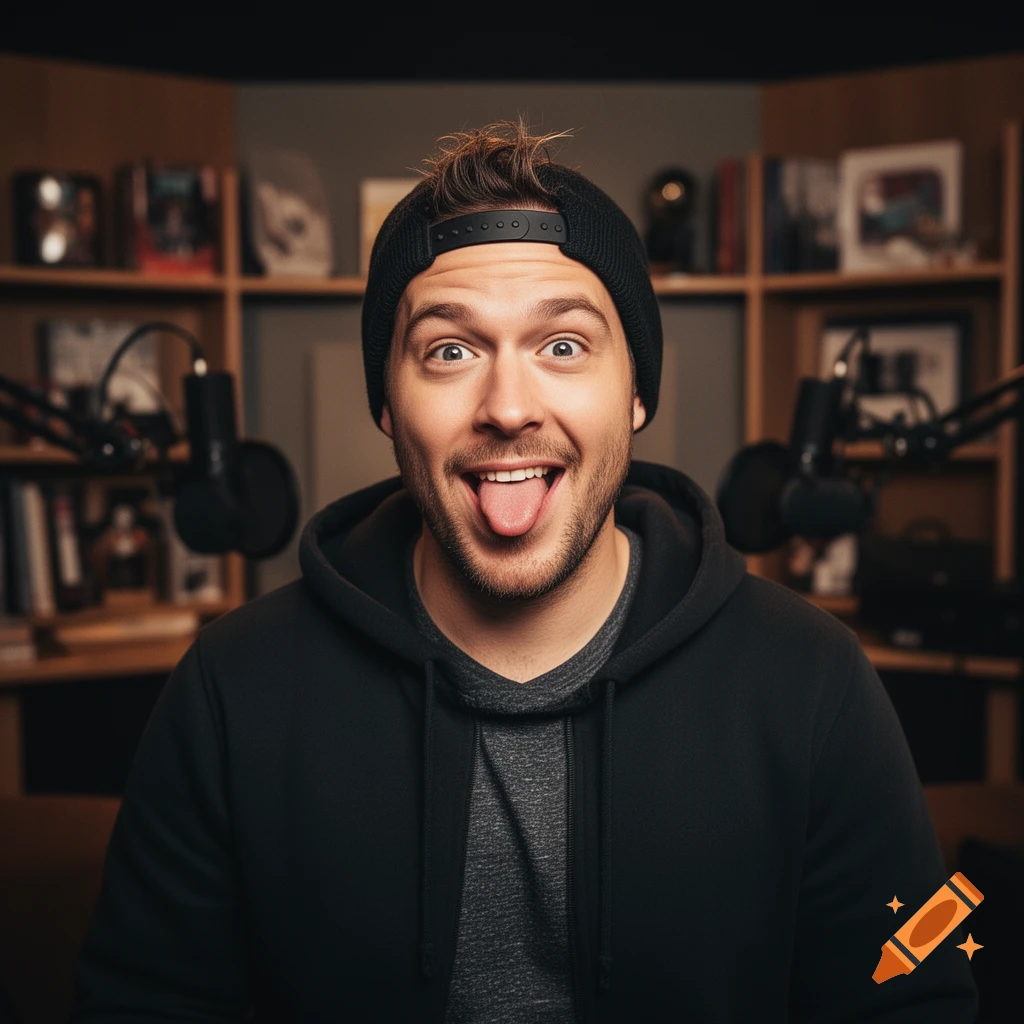 Photorealistic portrait of a man, resembling Tim Pool, wearing a black beanie and hoodie, sticking out his tongue with a playful expression. Microphones and bookshelves are blurred in the background.