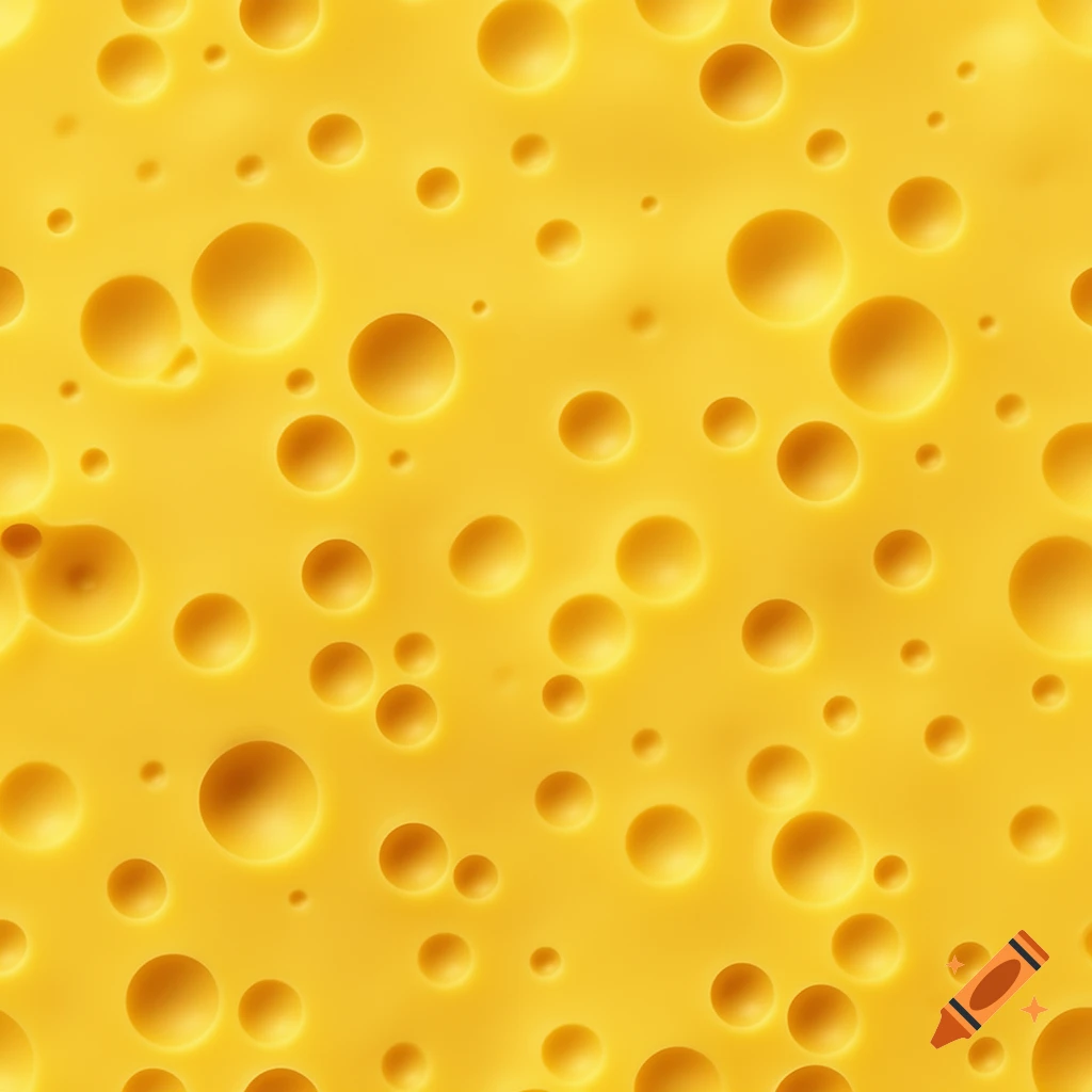 A seamless pattern of bright yellow Swiss cheese with many circular holes of various sizes.