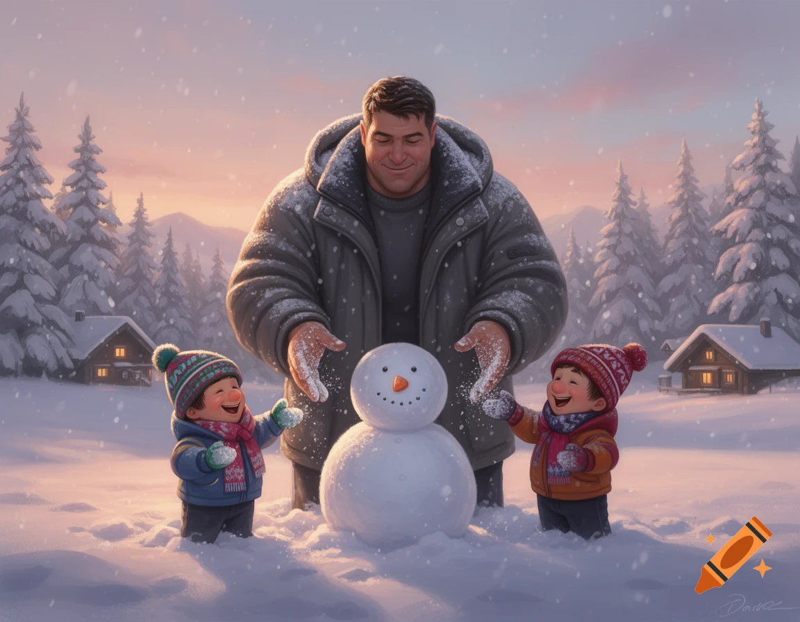A happy father and two young children building a snowman in a snowy winter landscape with cabins and pine trees.