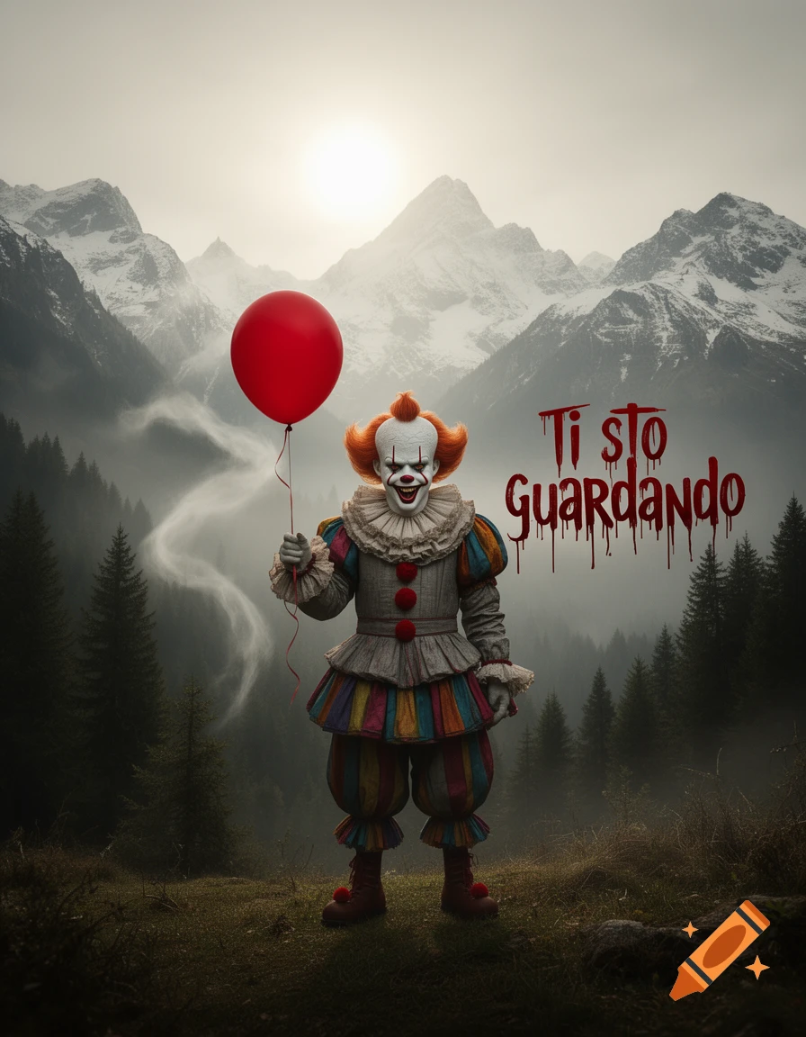 Pennywise, the scary clown, holds a red balloon in a misty mountain forest. Text reads 'TI STO GUARDANDO'.
