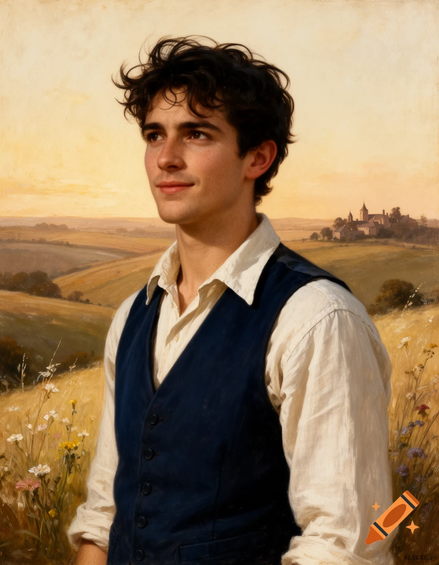 A painting of a young man with curly dark hair, wearing a white shirt and blue vest, looking up in a sunny field with wildflowers and a distant village.