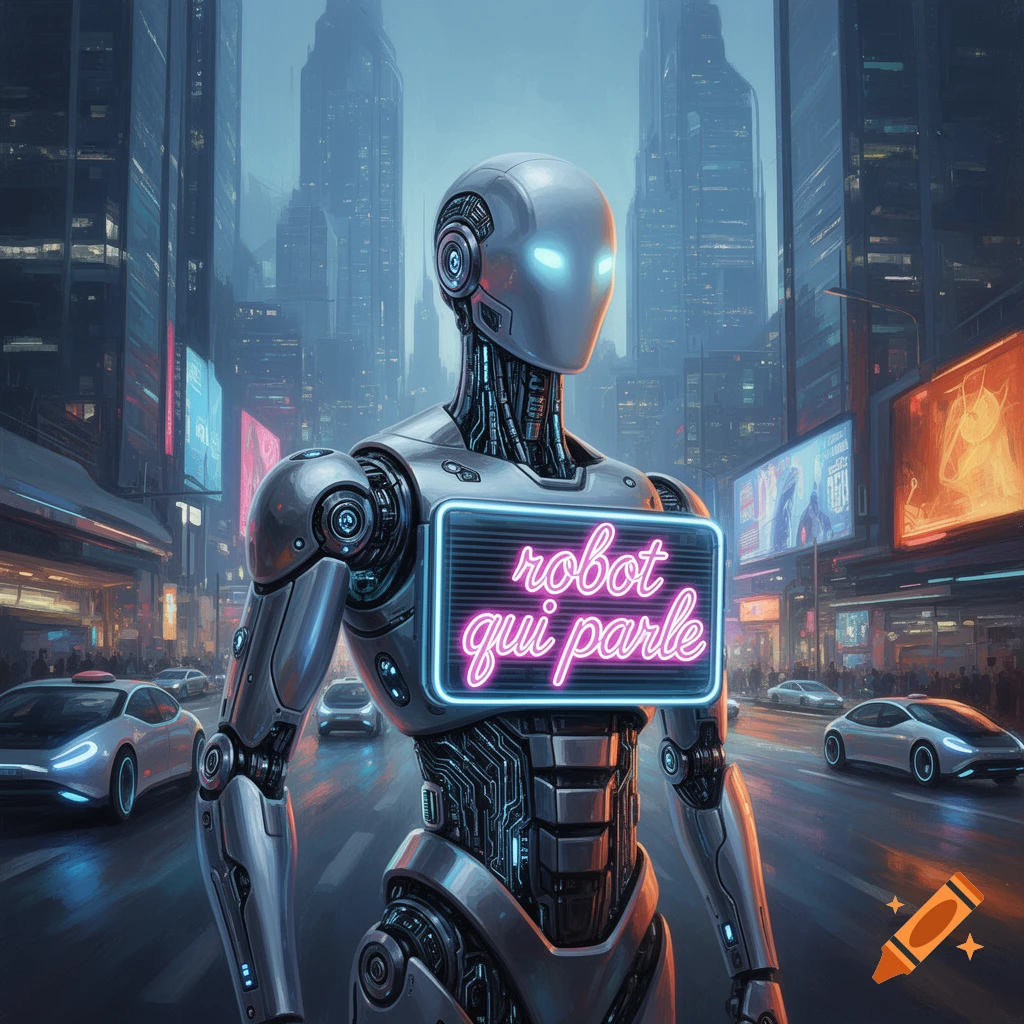 A sleek silver robot with glowing blue eyes stands on a futuristic city ...