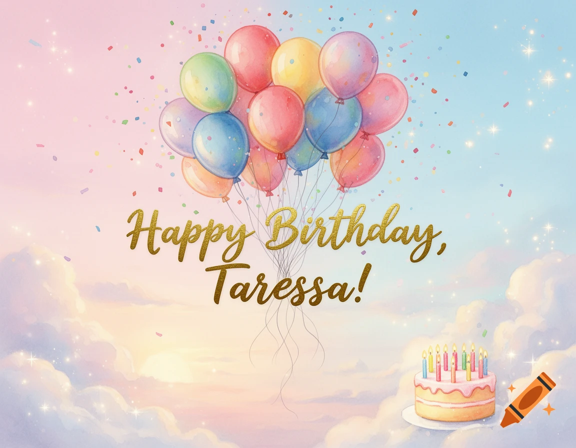 A pastel watercolor birthday card with colorful balloons, falling confetti, a small cake with candles, and 'Happy Birthday, Taressa!' text against a cloudy sky.
