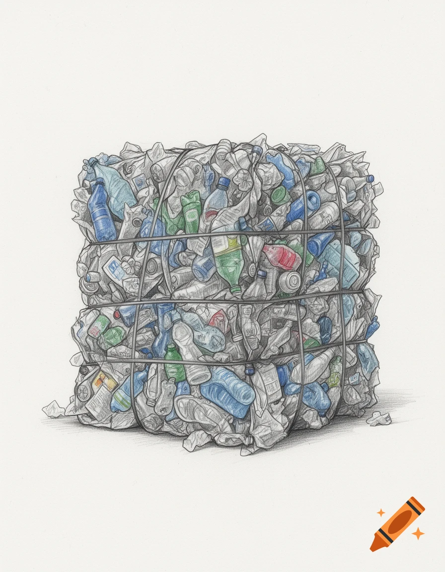 A hand-drawn illustration of a large bale of compressed recycled plastic bottles and waste, tied with wires.