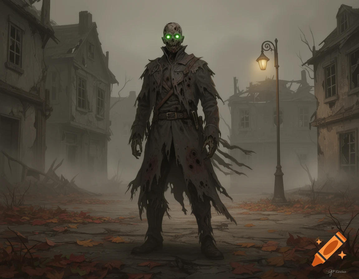 A gaunt zombie figure with glowing green eyes and tattered clothes stands in a foggy, ruined town with autumn leaves on the ground.