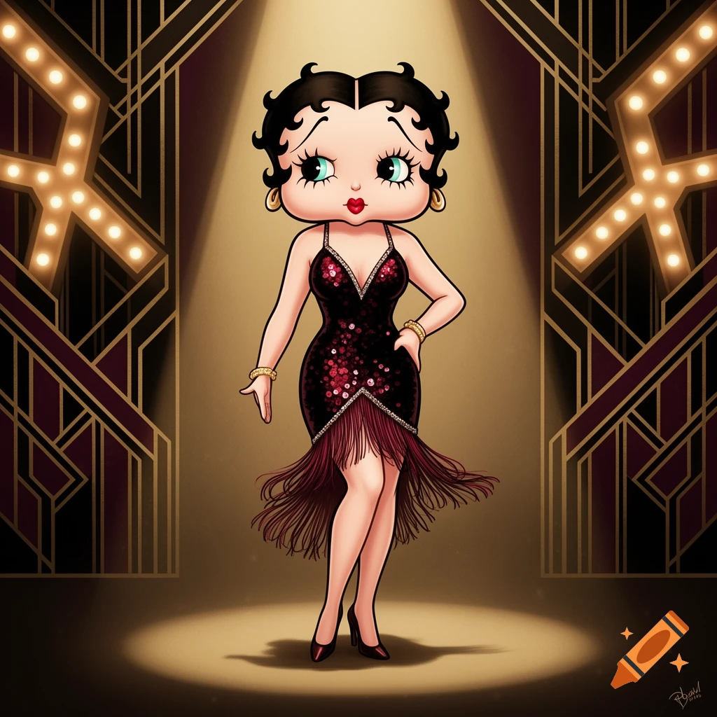 Cartoon Betty Boop posing in a sequined flapper dress with fringe under a spotlight, against an Art Deco background.