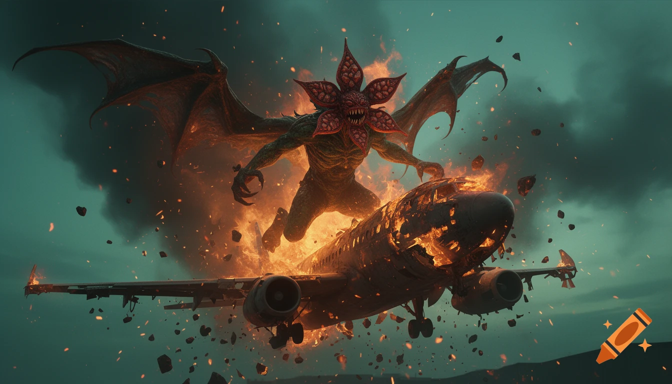 A monstrous Demogorgon with large wings and a fanged, petaled head stands on a burning airplane, with debris and fire flying around against a stormy green sky.