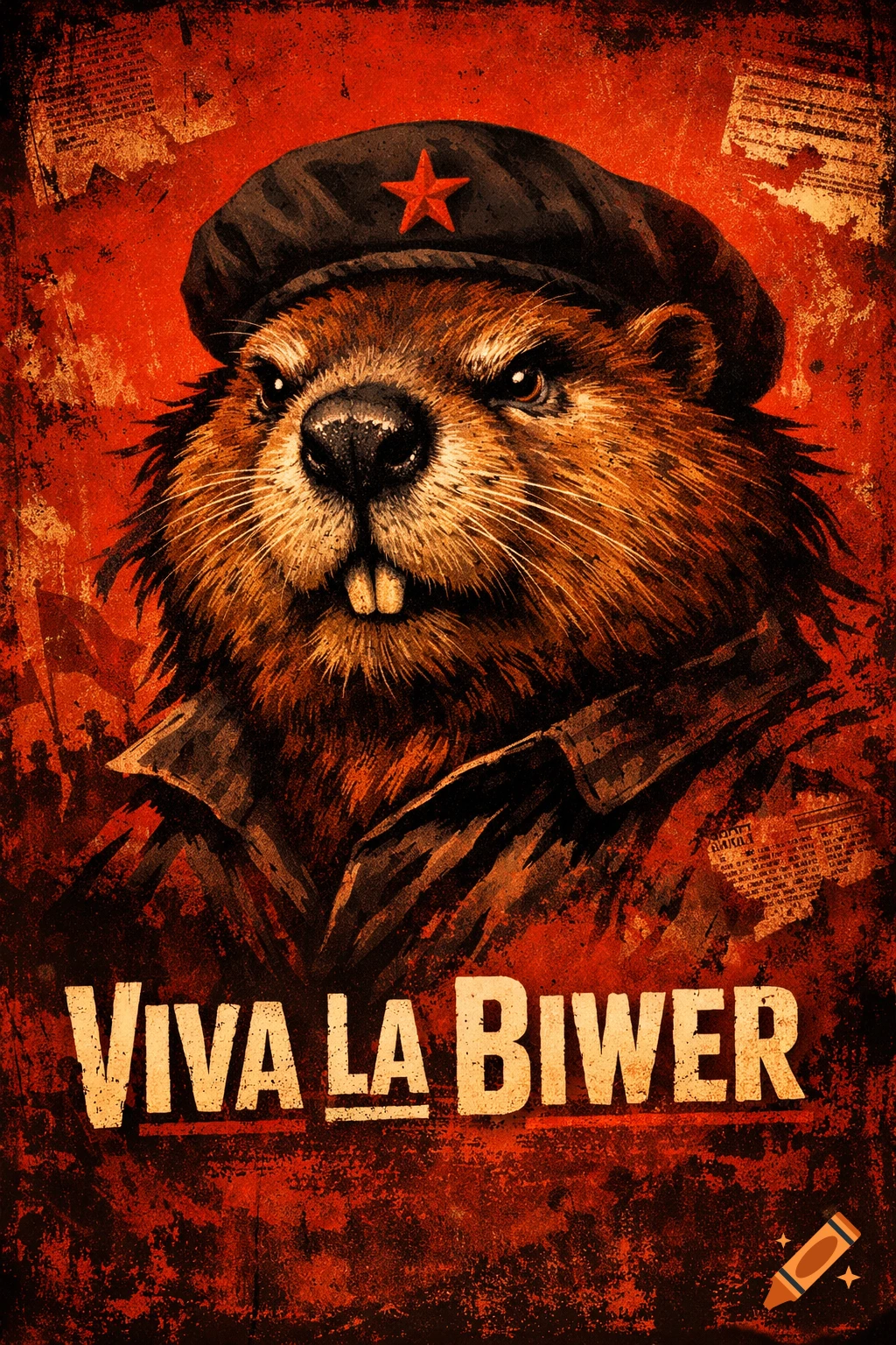 A propaganda-style illustration of a beaver wearing a black beret with a red star on a distressed red background, with 'VIVA LA BIWER' written below.
