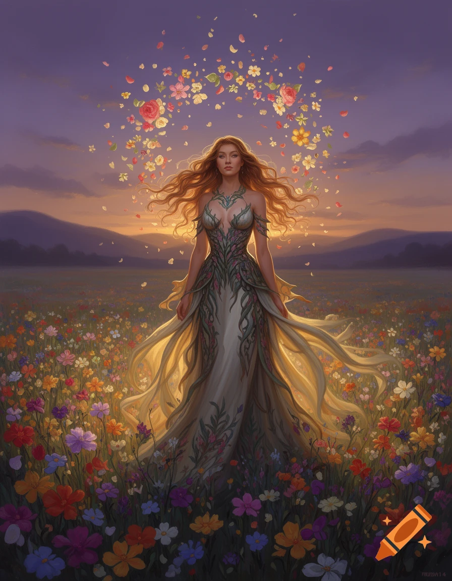 A woman with long red hair in a floral dress stands in a wildflower ...