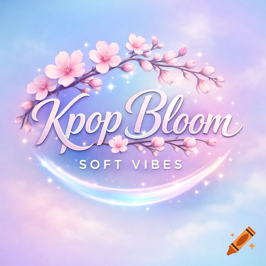 A logo featuring "Kpop Bloom" and "SOFT VIBES" text, adorned with pink cherry blossoms, set against a soft pastel sky background.