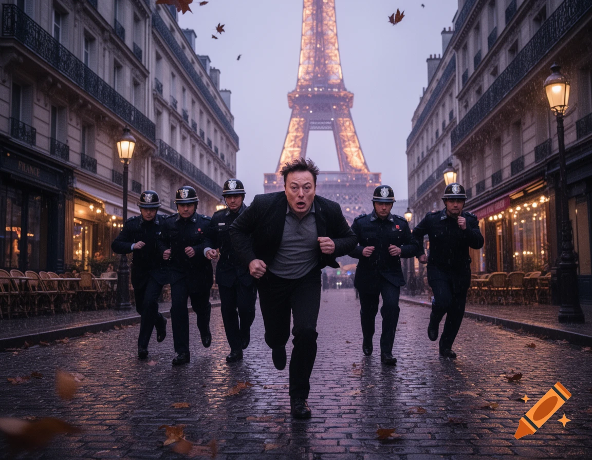 Elon Musk runs down a wet Parisian street with the Eiffel Tower in the background, pursued by five uniformed policemen.
